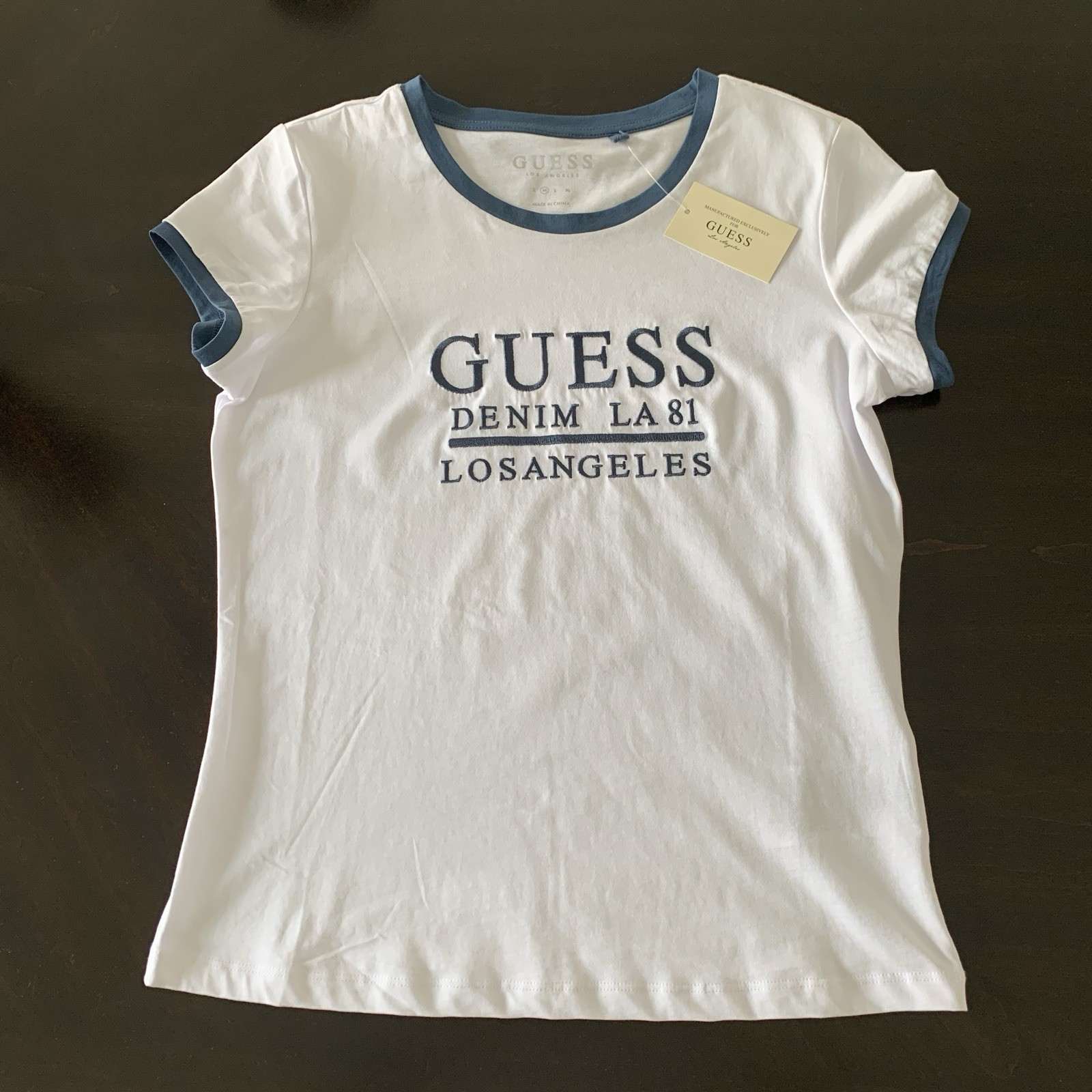 GUESS Denim LA 81 Los Angeles Short Sleeve T-Shirt White Blue Womens Size M