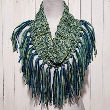 NEW Hand Knitted Green Teal Blue Infinity Boho Cowl Scarf Fringe Knit Hippie