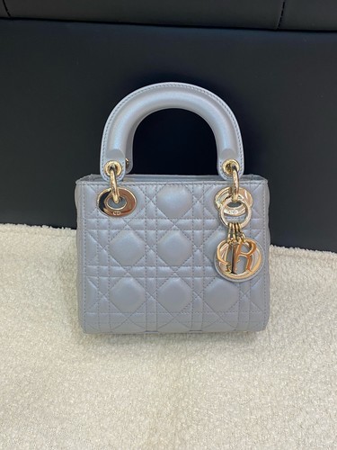 Dior Lady Dior 3-Grid Mini Gray Leather Top Handle Crossbody Bag Duty Paid