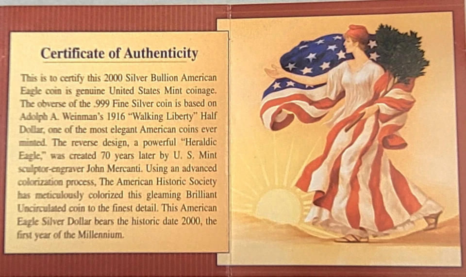The American Historic Society 2000 American Eagle 999 Silver Dollar Full Color - Image 4 of 4