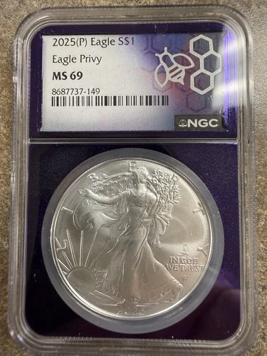 2025 (P) Silver Eagle with Eagle Privy NGC MS69 Purple Core