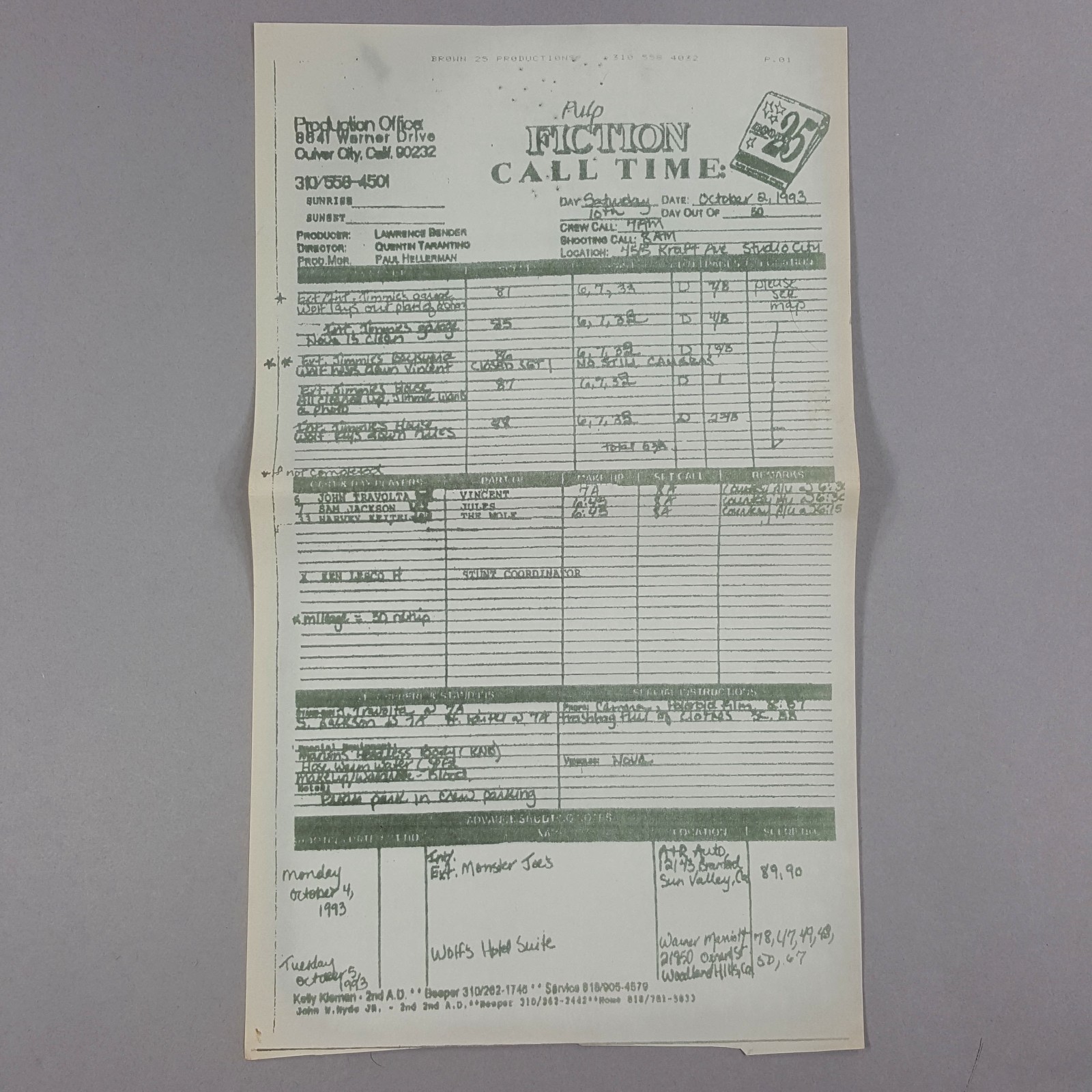 Image 2 of Pulp Fiction Movie Call Sheet - Jimmie's Garage Samuel L. Jackson Tarantino 10th