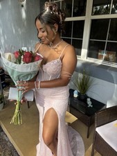 Formal Gown Pink Sequin Slit Detail Elegant Evening Dress