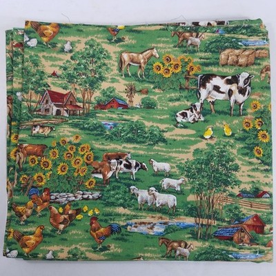 Vtg Cotton Quilting Fabric Cranston Joan Messmore Farm Cows Chickens 2 Yds