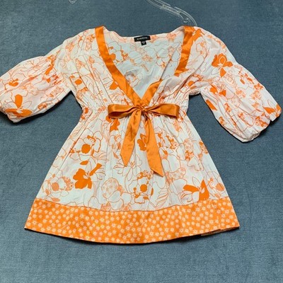 Bebe Blouse Top Womens Small Orange Floral Print V Neck Tie Waist Short Sleeve