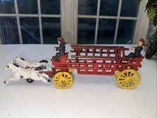 Vintage Cast Iron Horse Drawn Fire Wagon Truck Hook  Ladder Toy 2 Horses