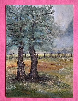 ACEO Original Art Pasture Country Trees Field Rural Fog Nature Green Watercolor