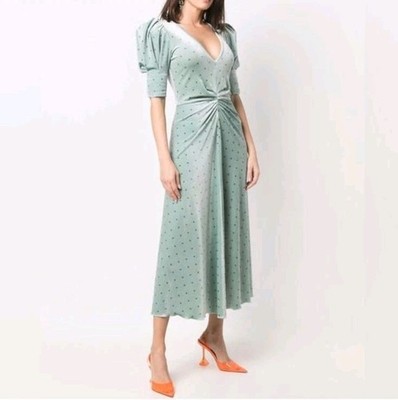 Rotate Birger Christensen Sierina Puff Sleeve Midi Dress Green Velvet Size 8 NWT