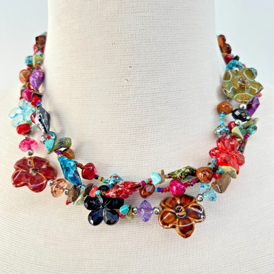 Multicolor Beaded Floral Necklace Multi Strand Statement Boho Garden Cottagecore