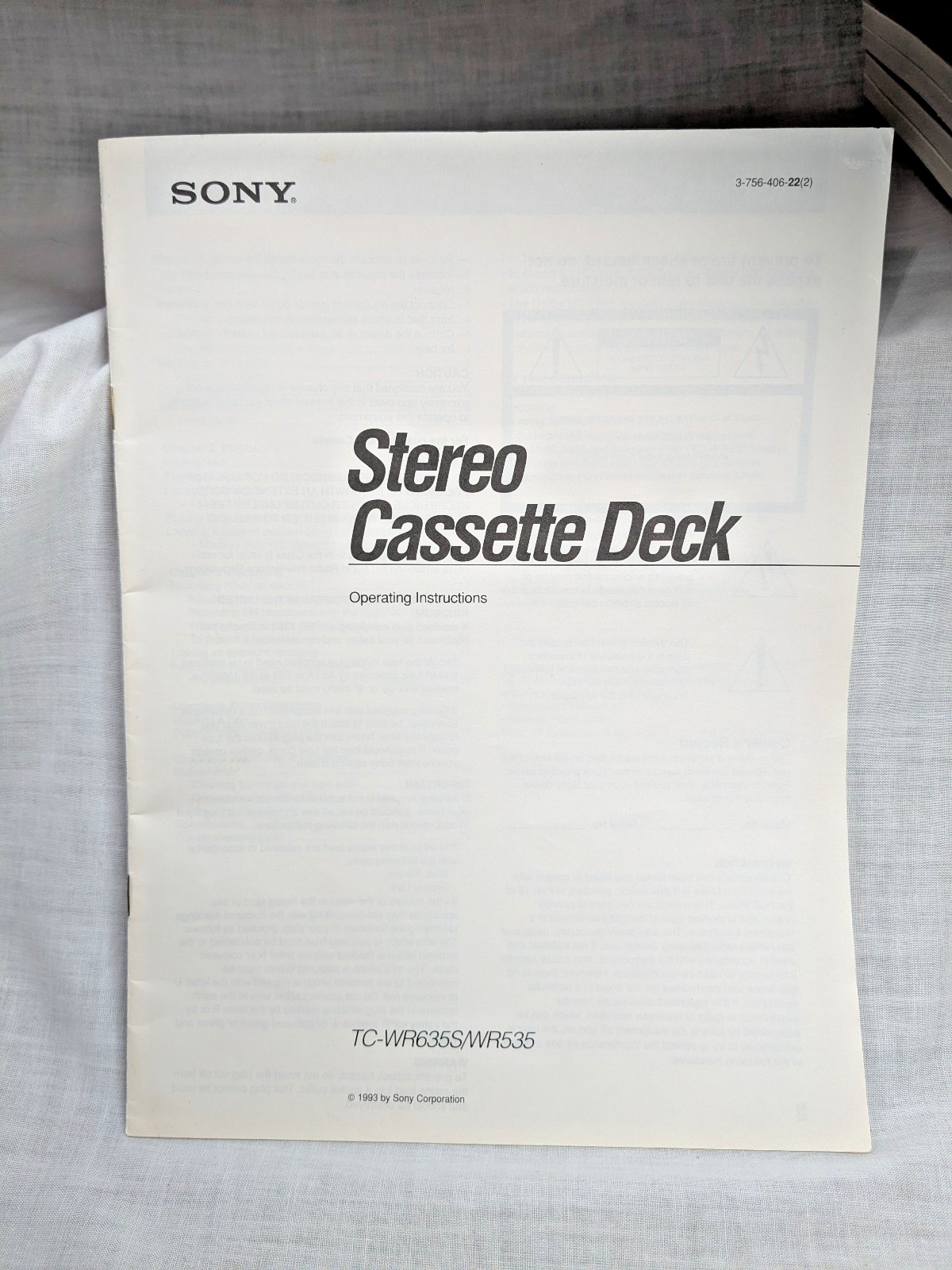 Sony Stereo Cassette Deck Tape Player OPERATING MANUAL ONLY TC-WR635S & TC-WR535