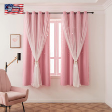 Pink Curtains for Girls Bedroom Kids Baby Room Decor Cute Double Layer Star Cuto