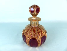 Vtg or Antique Ornate Moser Art Glass Perfume Bottle Red and Gold Decorated