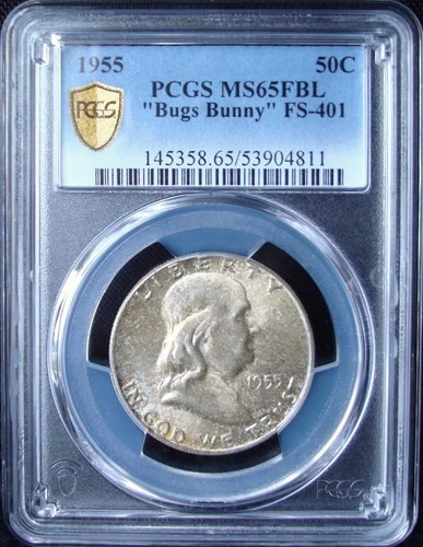 1955 Franklin Silver Half Dollar - PCGS MS 65 FBL - Bugs Bunny - Gold Shield