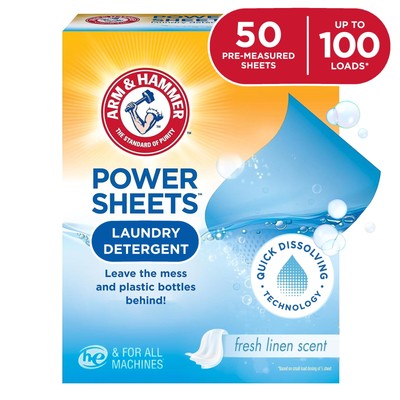 ARM & HAMMER Power Sheets Laundry Detergent Sheets, 50 Count, Up To 100 Loads