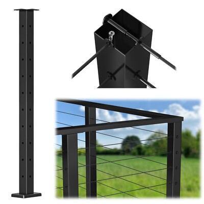 Muzata T-Corner 42''x2''x2''Fixed Top Black Cable Railing Post PS02 B34L