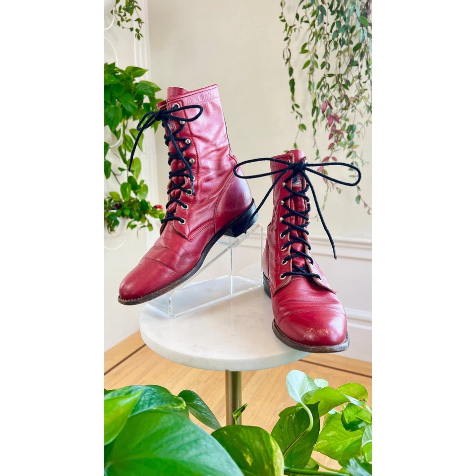 Botas Roper Vintage Años 80 Años 90 Años 80 90 JUSTIN Cuero Rojo Con Cordones Grunge Talla 7 Foto 2 de 4
