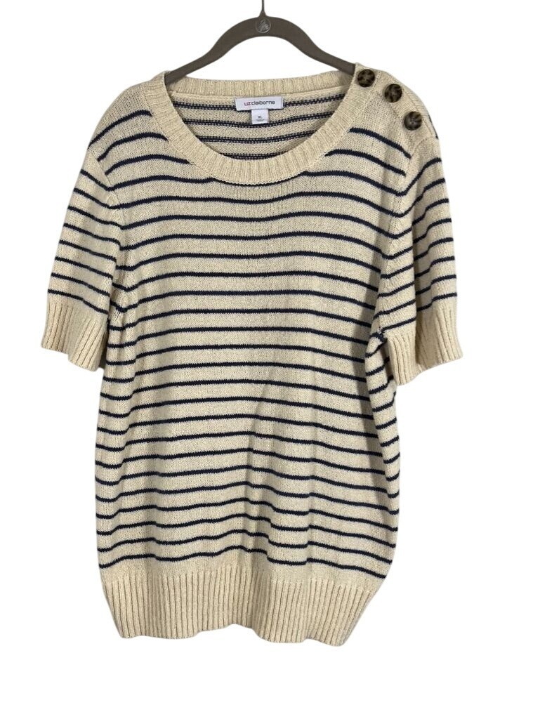 Liz Clairborne Sweater Women XL Cream Crew Striped Knit Retro Boho Neutral Beach
