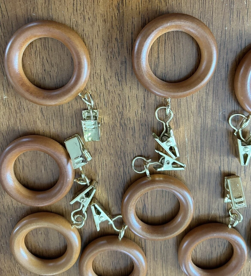 Set of 11 Faux Wood Curtain Rings with Clips Medium Brown with Gold tone Clips - Image 3 of 4