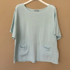 Fresh Produce Women's Large Lagenlook Boxy Top Slub Pockets Baby Blue USA Dolman