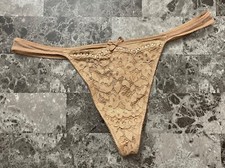 NWT VICTORIA'S SECRET L BEIGE NUDE RHINESTONE SHIMMER LACE RARE THONG PANTIES
