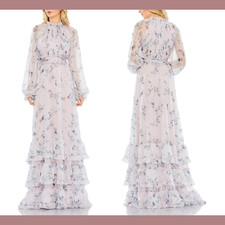 NEW $598 Mac Duggal [ 4 ] Floral Ruched Raglan Sleeve Tiered Gown Lilac #G1652