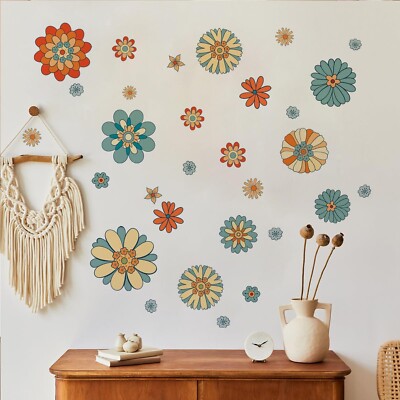 Boho Retro Flower Wall Stickers，Vintage Floral Wall Decals，Large V