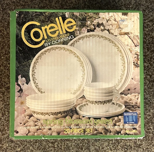 Vintage 20-Piece Set Corelle Livingware by Corning Spring Blossom Green;  NOS