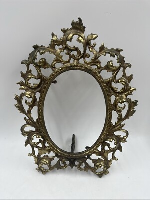 Antique Cast Iron Brass Art Nouveau Ornate Oval Stand Up Picture Frame Mirror