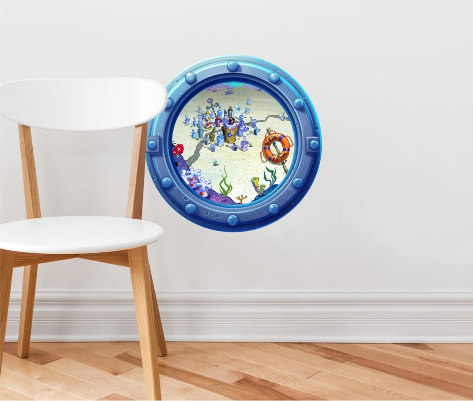 Calcomanía de pared de ventana 3D ojo de buey dibujos animados océano mar fondo ciudad pegatina de pared decoración Foto 3 de 4