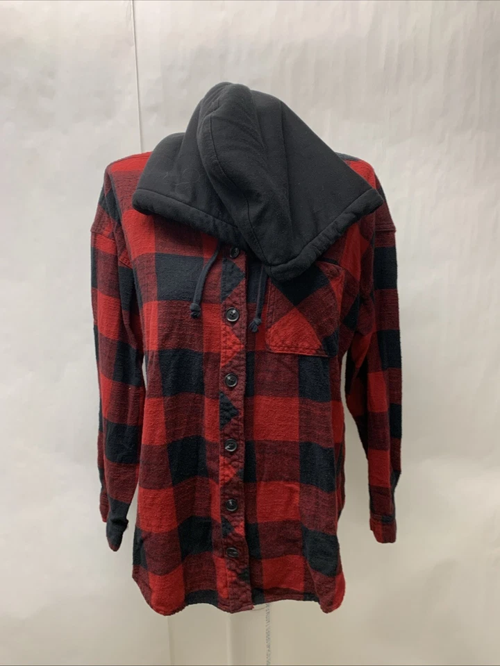 Maurices womens large Faux Fur Lined Hood Flannel Button Hoodie Black Red - Image 3 of 4