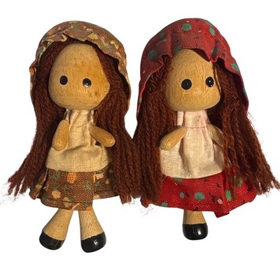Wooden Rag Doll Magnets Lot of 2 Wood Head Yarn Hair Fabric Vintage Handmade 4''