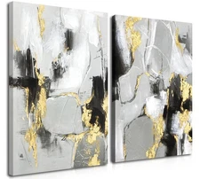 Framed Abstract Black Gold Wall Art Set of 2, Modern Black White Gold Canvas