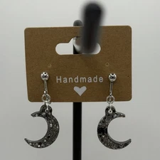 HANDMADE MOON RESIN DANGLE EARRINGS BLACK SILVER GLITTER CLIP ON