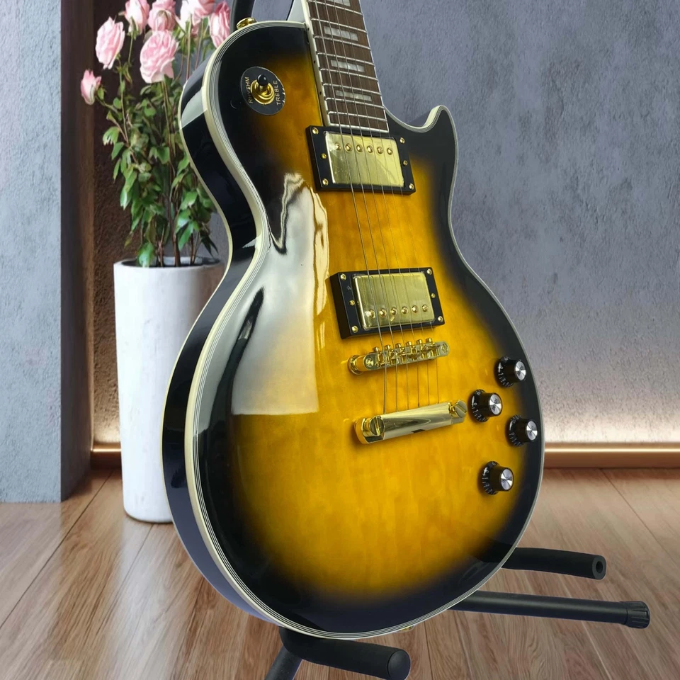 LP Custom Electric Guitar  Black Ring Yellow Rectangular Inlay Metal Hardware - Image 3 of 4