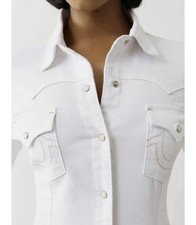 Camisa True Religion Mujer Grande Western Denim Óptica Blanca Perla Botón a Presión NUEVA