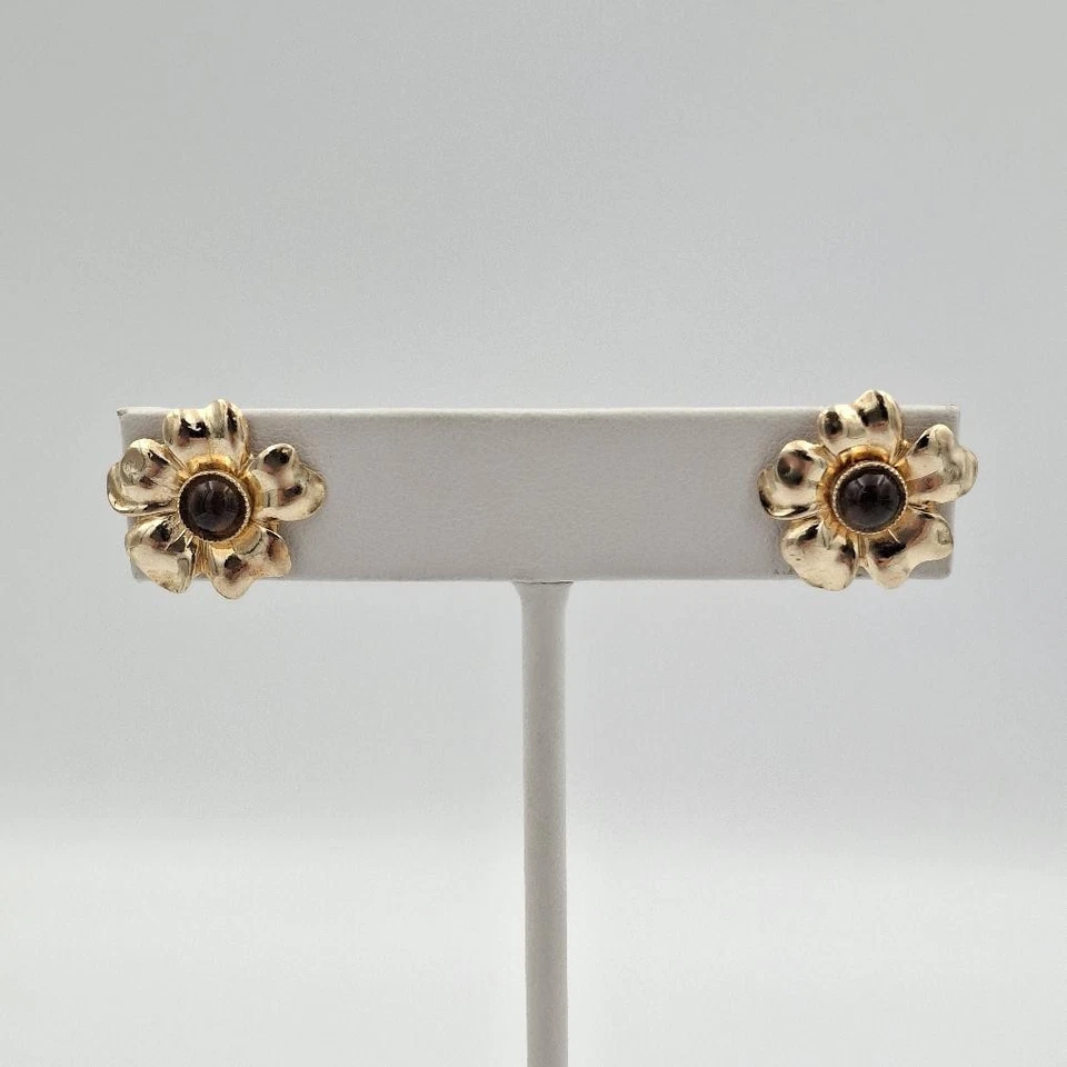 10K Yellow Gold Cabochon Smokey Quartz Bold 5-Petal Flower Stud Earrings - Image 2 of 4