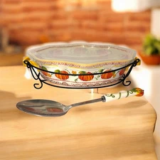 4 PC TEMPTATIONS BY TARA OVENWARE 3 QT PUMPKIN CASSEROLE DISH LID RACK SPOON