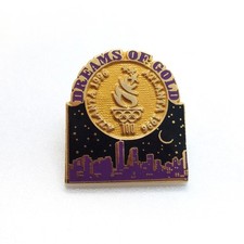 Vintage Atlanta 1996 Olympic Dreams Torch Pin City Skyline Night Moon Enamel