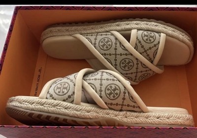 TORY BURCH T MONOGRAM JACQUARD LEATHER CROSS ESPADRILLE SLIDES SANDALS SZ 9