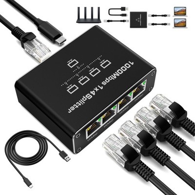 LAN Splitter 1 auf 4, LAN Splitter 1000Mbps Ethernet Splitter 4 Port, Gigabit...