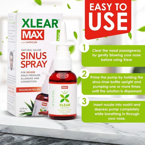 Xlear MAX Saline Nasal Spray, Natural Formula with Xylitol, Capsicum and Aloe, N