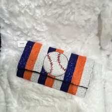 SILVER Beaded Baseball Striped Clutch Orange Blue with Detachable Gold Chain