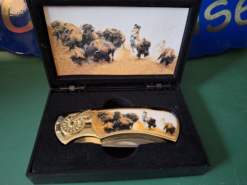 New American Indian Buffalo Folding Lock Blade Pocket Knife in Case Great Gift