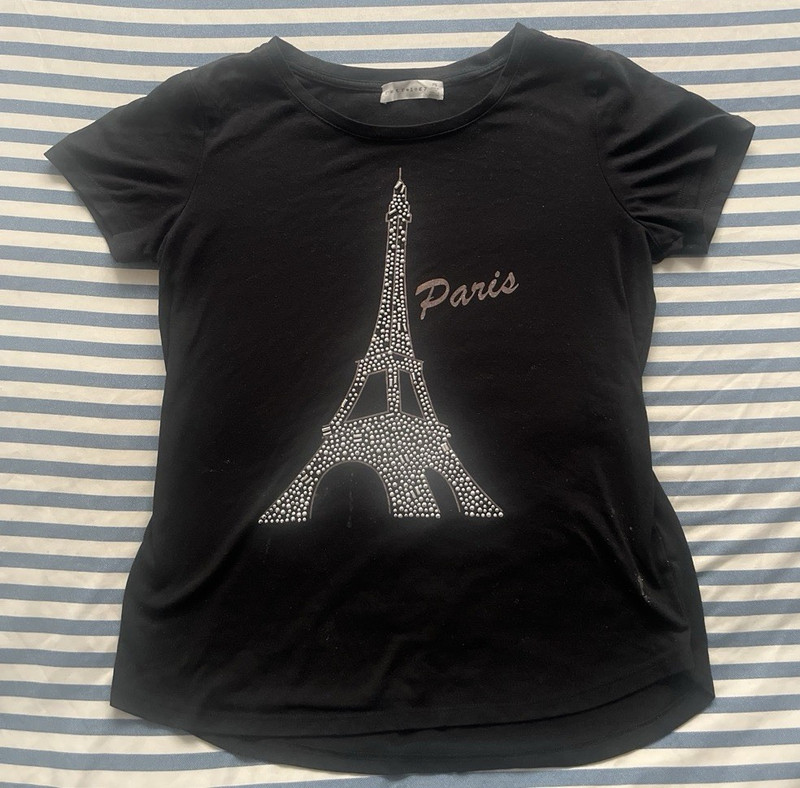 Paris Eiffel Tower Graphic Print T-Shirt with Black Rhinestone