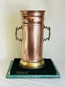 Vintage Copper Umbrella Stand or Cane Holder with Ornate Brass Handles