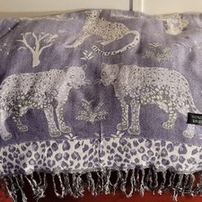 Scarf Or Shawl Leopard Jungle Print Cashmere Purple White Reversible Fringe 70"