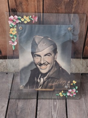 Vtg 1942 Real Photo Actor Preston Foster Glass Picture Frame Handpainted Flowers
