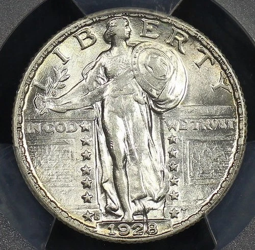 1928 S STANDING LIBERTY QUARTER PCGS AU 55 CRISP & SPARKLY BRIGHT SILVER LUSTER