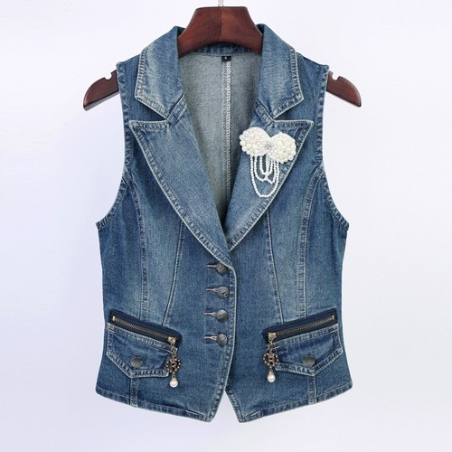 Donna Jeans Gilet Perline Spilla Jeans Bavero senza Maniche Giacca | eBay