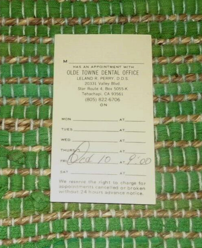 Business Card Olde Towne Dental Office Leland Perry DDS Tehachapi CA California